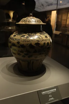 明・玉溪窑青花鱼藻花卉纹将军罐